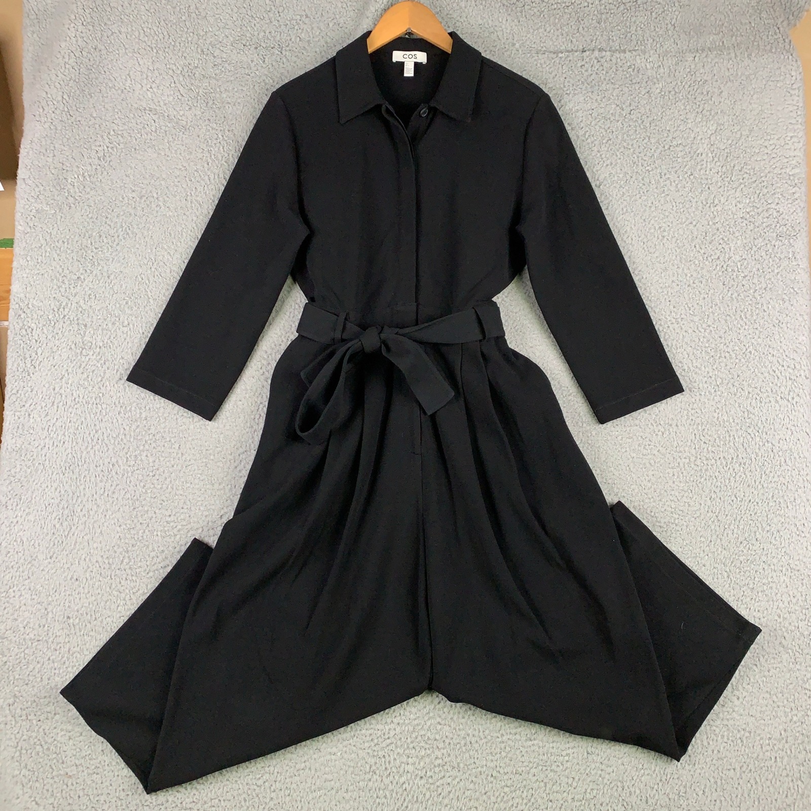 Cos Belted Twill Jumpsuit Women Small Black Long Sleeve Collared Wide Leg Pleat